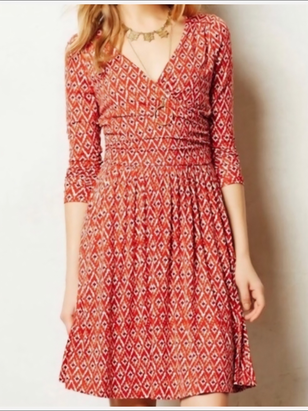 Maeve by Anthropologie Faux Wrap Geometric Dress w Side Pockets, Burnt Orange
